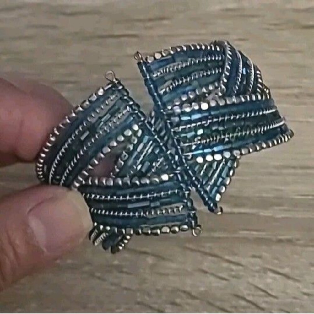 Vintage  wrap cuff bracelet with 21 strand criss cross pattern Aqua blue